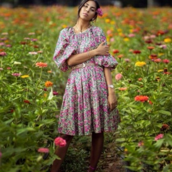 Zara Voluminous Pink and Green Floral Puff Sleeve Dress Size S - Picture 14 of 16